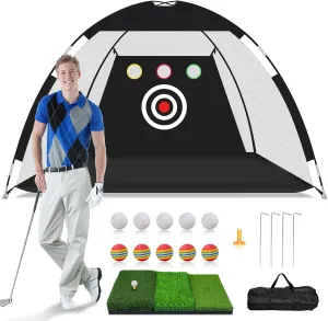 10x7Ft Backyard Golf Practice Net - All-in-One Home/Indoor/Outdoor with Tri-Turf Mat, 10 Golf Balls and Carry Bag