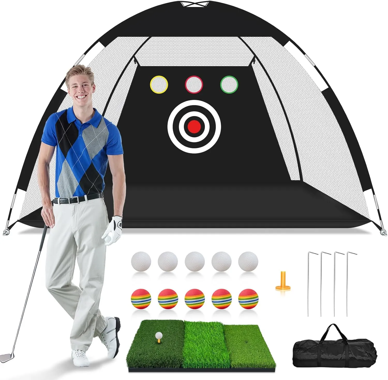 10x7Ft Backyard Golf Practice Net - All-in-One Home/Indoor/Outdoor with Tri-Turf Mat, 10 Golf Balls and Carry Bag
