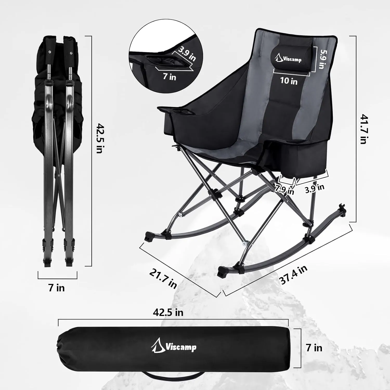 350lbs Rocking Camping Chair, Oversized Fully Padded Patio Chair Lawn Chairs With Cooler Bag Headrest and Cup Holder Rocking Chair Outdoor Folding Chairs For Outside Camping Contest(BlackGray)