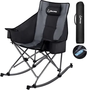 350lbs Rocking Camping Chair, Oversized Fully Padded Patio Chair Lawn Chairs With Cooler Bag Headrest and Cup Holder Rocking Chair Outdoor Folding Chairs For Outside Camping Contest(BlackGray)