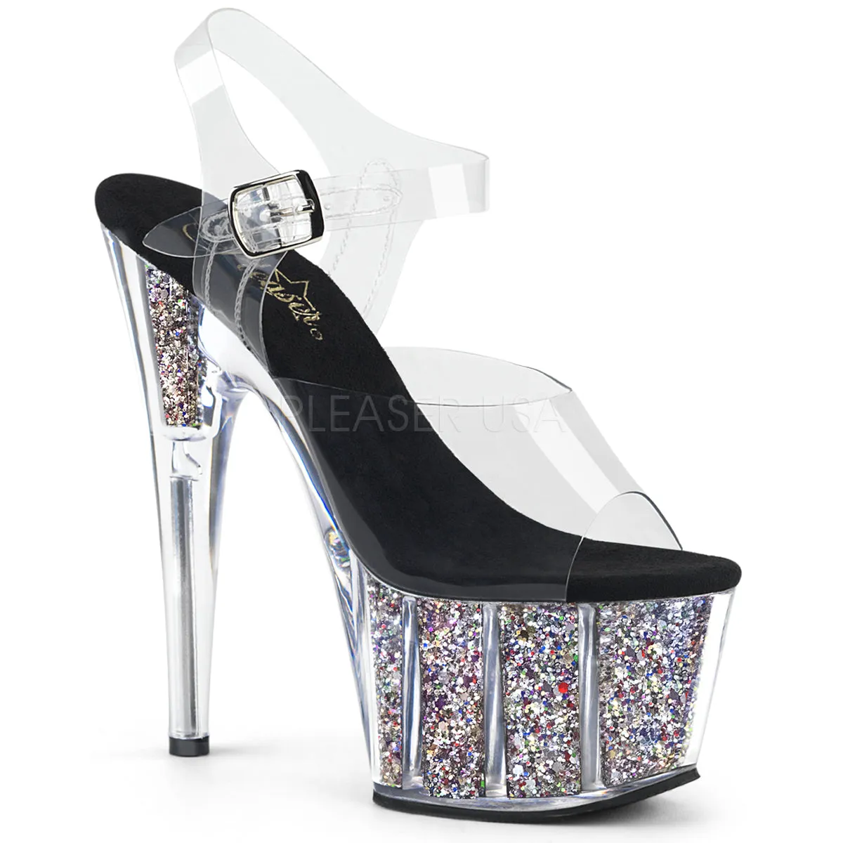 7 Inch Heel ADORE-708CG Clear Silver Glitter