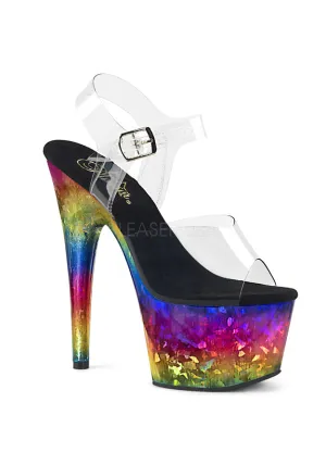 7" Heel, 2 3/4" PF Ankle Strap Sandal w/ Rainbow Print