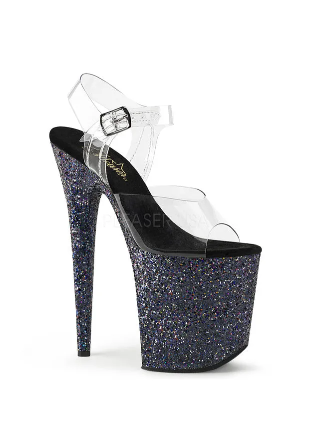 8" Heel, 4" PF Ankle Strap Sandal w/ Glitter Bottom