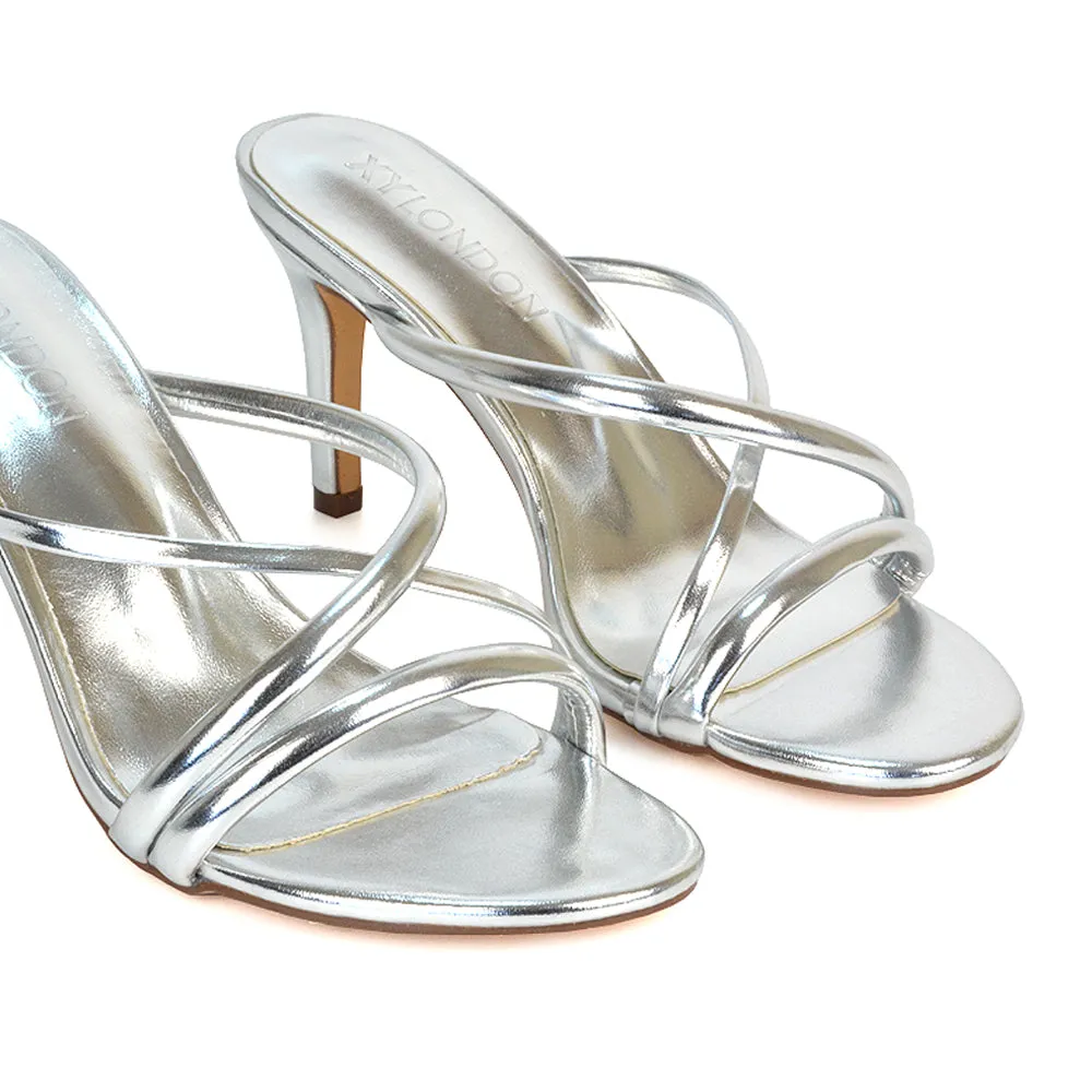 Angie Slip On Mid Heel Stiletto Mule Women's Heeled Sandals For Holiday in Black Patent