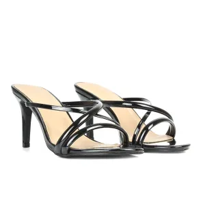 Angie Slip On Mid Heel Stiletto Mule Women's Heeled Sandals For Holiday in Black Patent