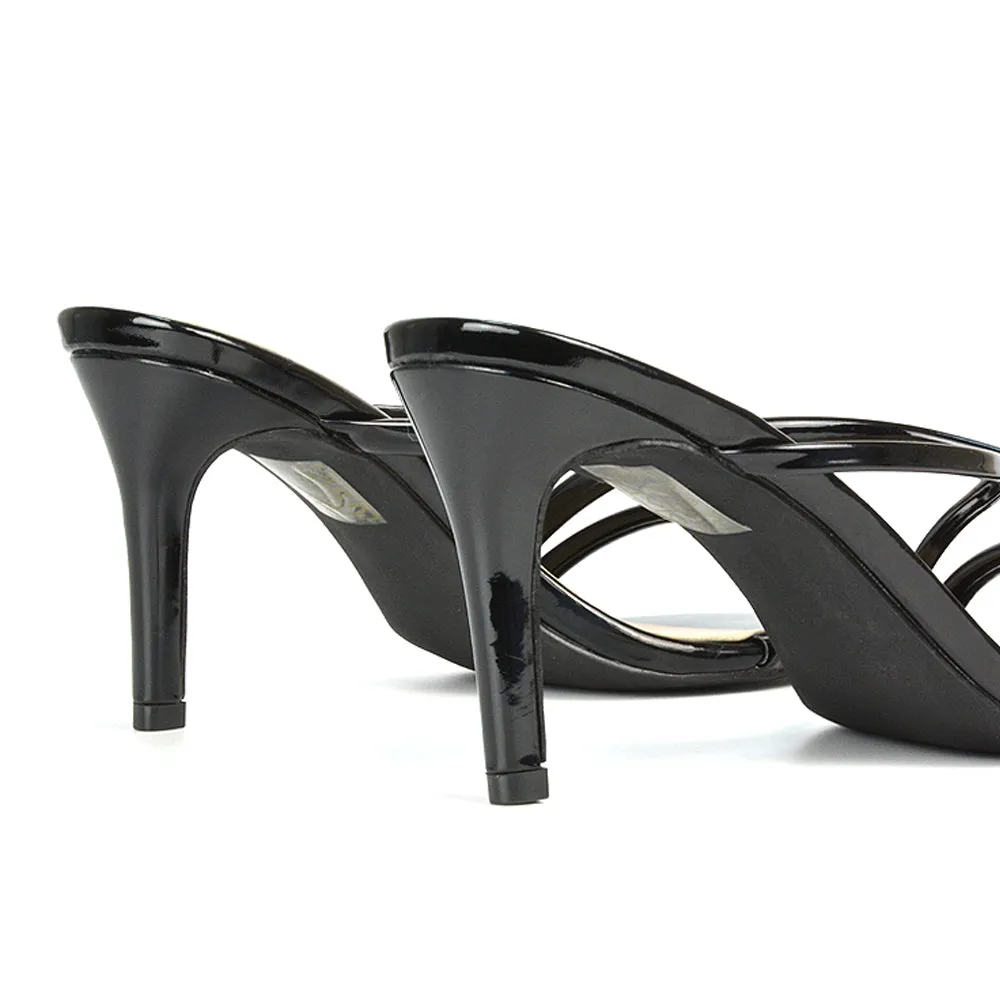 Angie Slip On Mid Heel Stiletto Mule Women's Heeled Sandals For Holiday in Black Patent