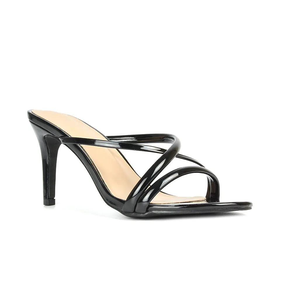 Angie Slip On Mid Heel Stiletto Mule Women's Heeled Sandals For Holiday in Black Patent