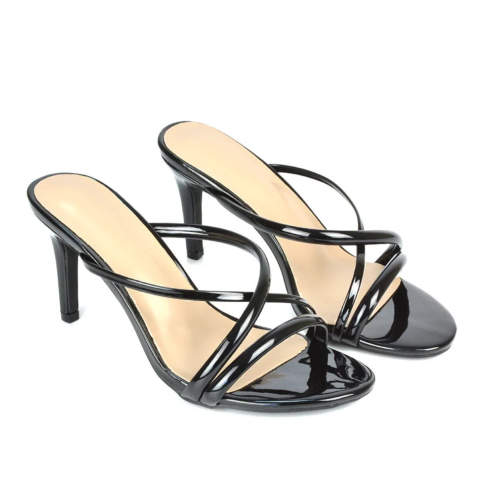 Angie Slip On Mid Heel Stiletto Mule Women's Heeled Sandals For Holiday in Black Patent