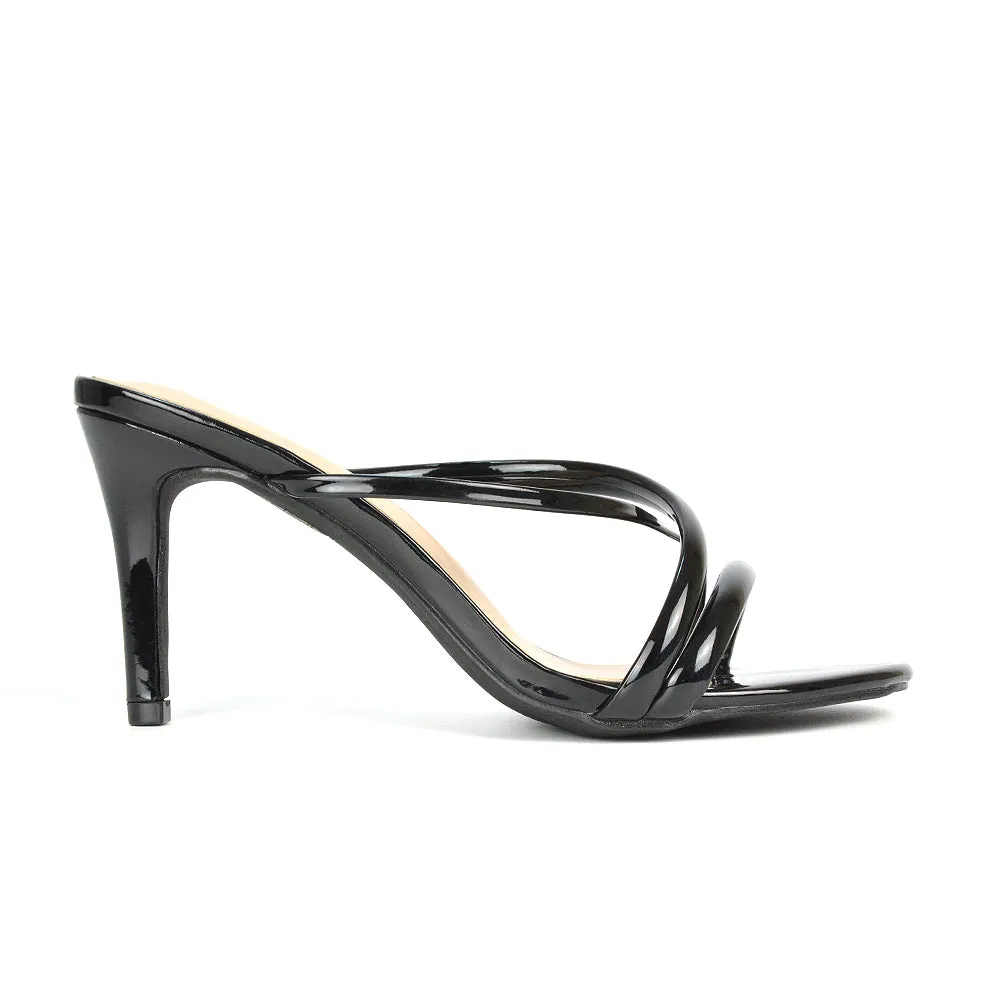 Angie Slip On Mid Heel Stiletto Mule Women's Heeled Sandals For Holiday in Black Patent