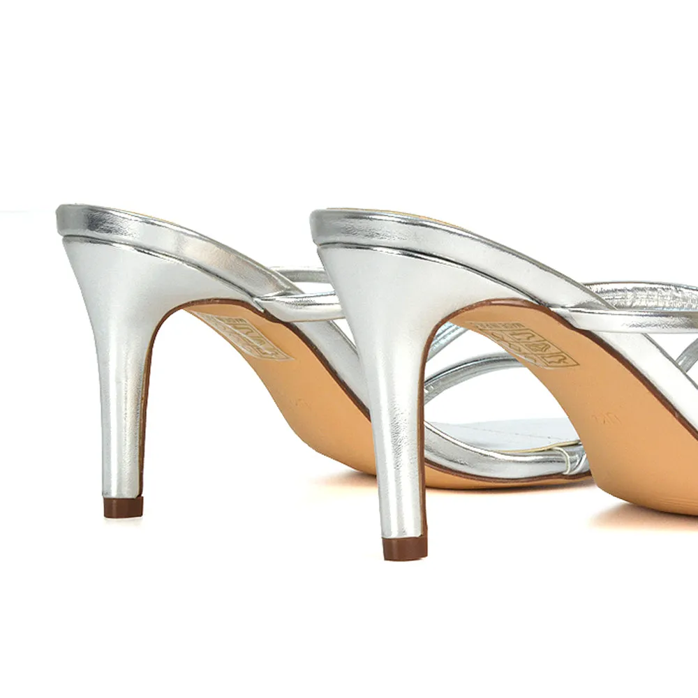 Angie Slip On Mid Heel Stiletto Mule Women's Heeled Sandals For Holiday in Black Patent