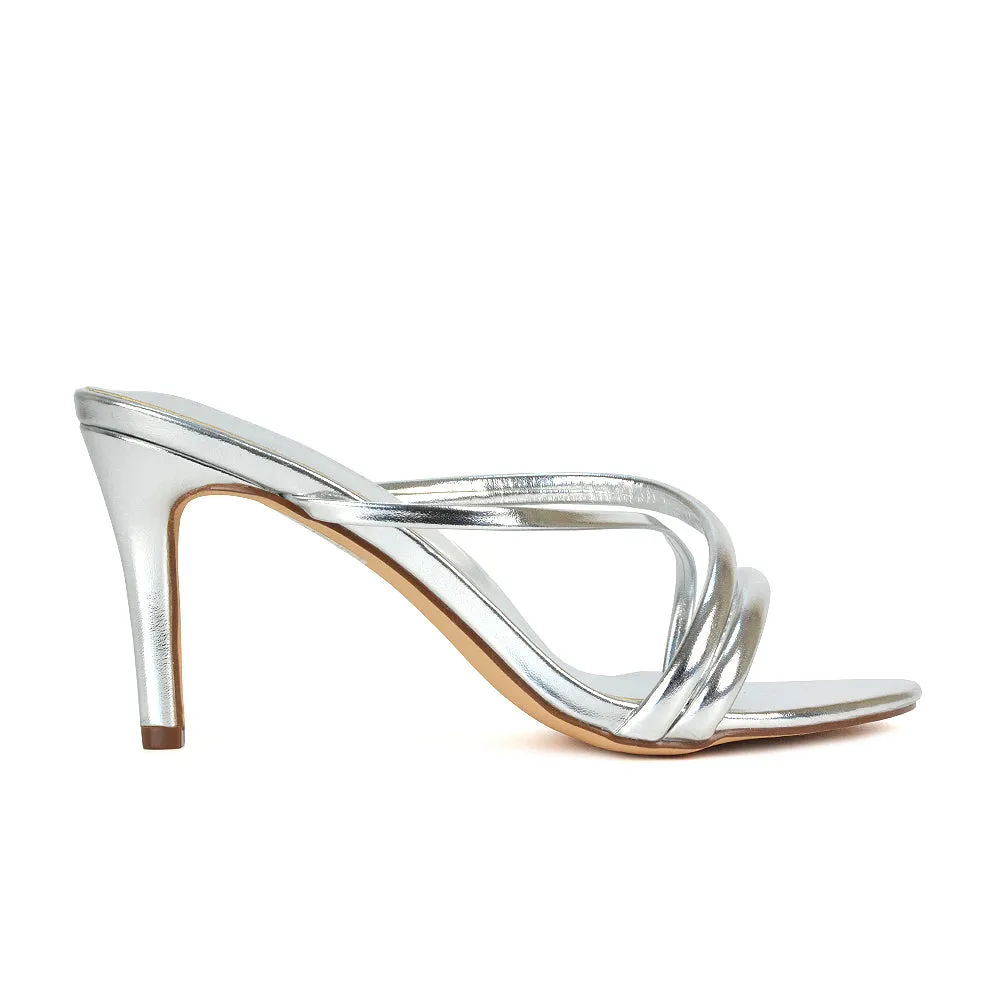 Angie Slip On Mid Heel Stiletto Mule Women's Heeled Sandals For Holiday in Black Patent