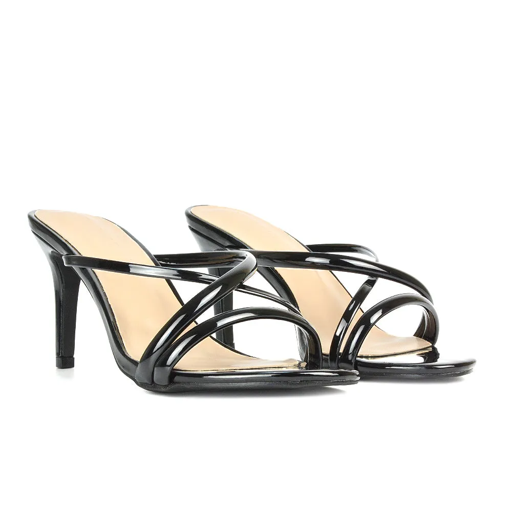 Angie Slip On Mid Heel Stiletto Mule Women's Heeled Sandals For Holiday in Black Patent