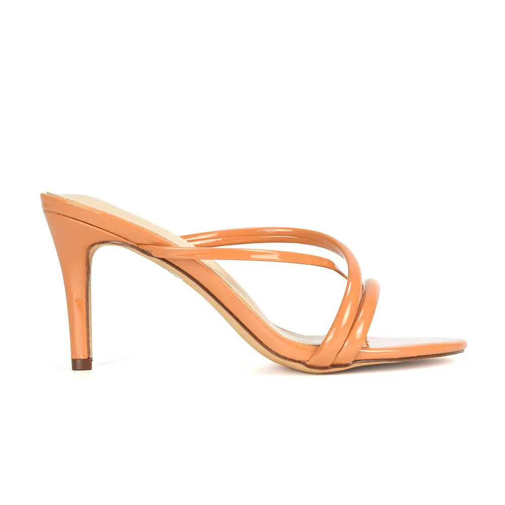 Angie Slip On Mid Heel Stiletto Mule Women's Heeled Sandals For Holiday in Black Patent