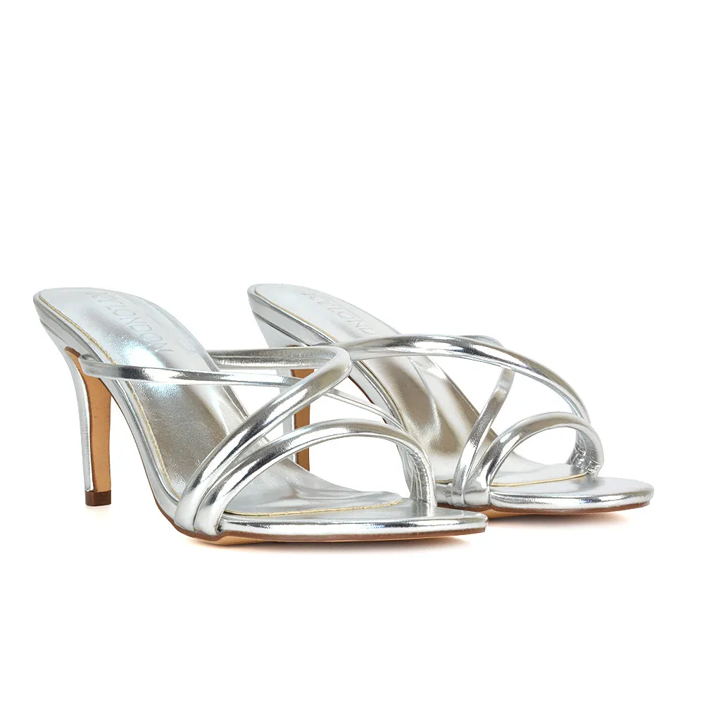 Angie Slip On Mid Heel Stiletto Mule Women's Heeled Sandals For Holiday in Black Patent