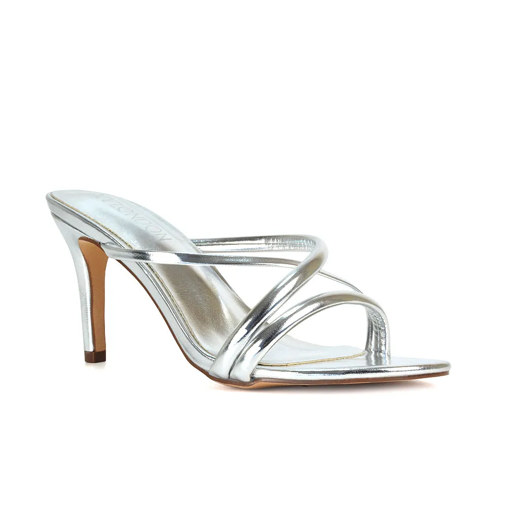Angie Slip On Mid Heel Stiletto Mule Women's Heeled Sandals For Holiday in Black Patent