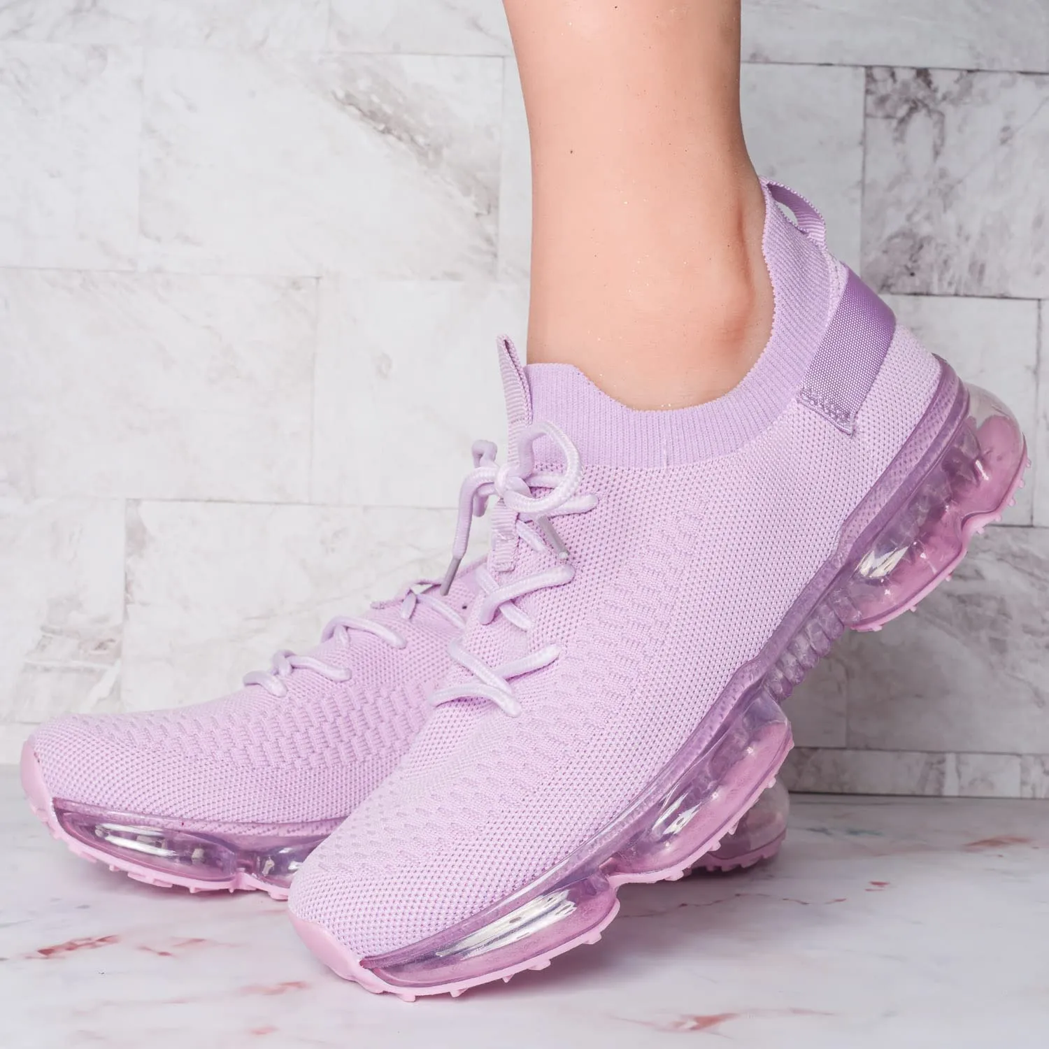 Aquapillar Stretch Elastic Mesh Sneaker - Festival Lace Up Rubber Air Bubble Cushion Lavender