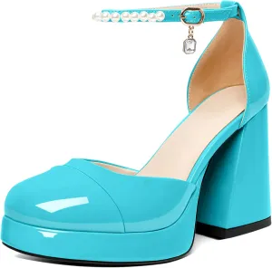 AUMOTED Women Chunky High Heels Platform Block Heels Closed Round Toe Pumps with Pearl Ankle Strap Patent Fashion Ladies Pumps Sandals 4 Inch