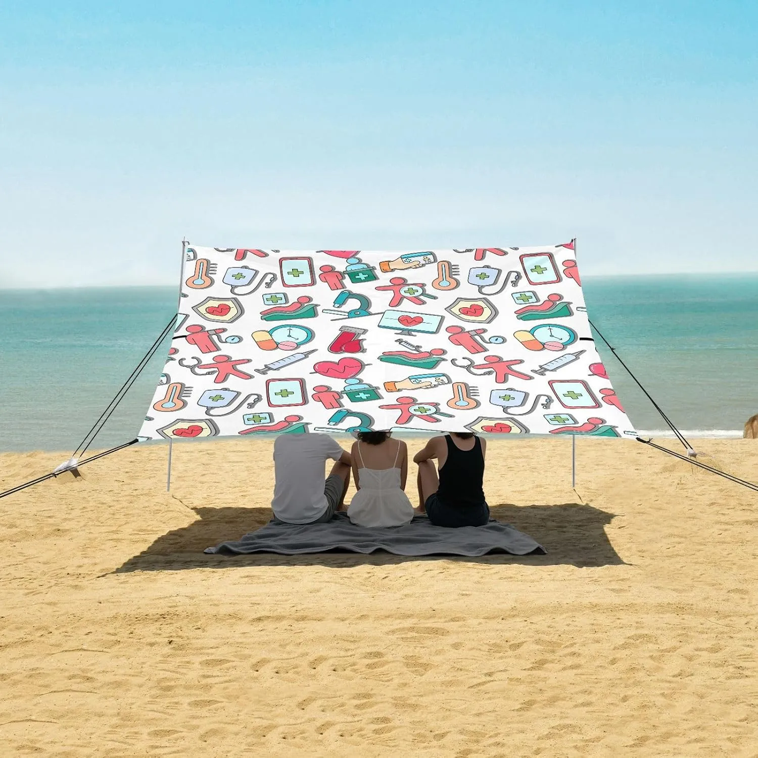 Beach Shade Tent with UPF50  UV Protection,Health Checkup Doodle Elements Lightweight Camping Sun Shelter for Outdoor,Camping Trips, Fishing, Backyard,Picnics,Easy Set Up and Carry 9x10.5 FT