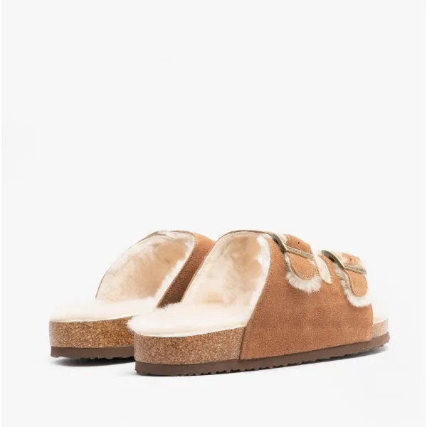 Bedroom Athletics MABEL Womens Suede Two Strap Slippers Chestnut