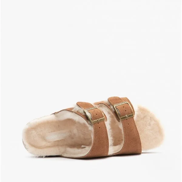 Bedroom Athletics MABEL Womens Suede Two Strap Slippers Chestnut