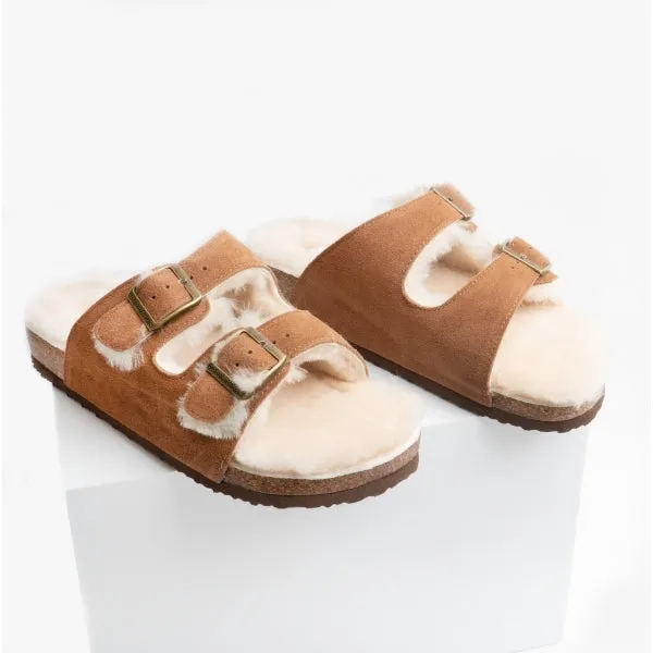 Bedroom Athletics MABEL Womens Suede Two Strap Slippers Chestnut