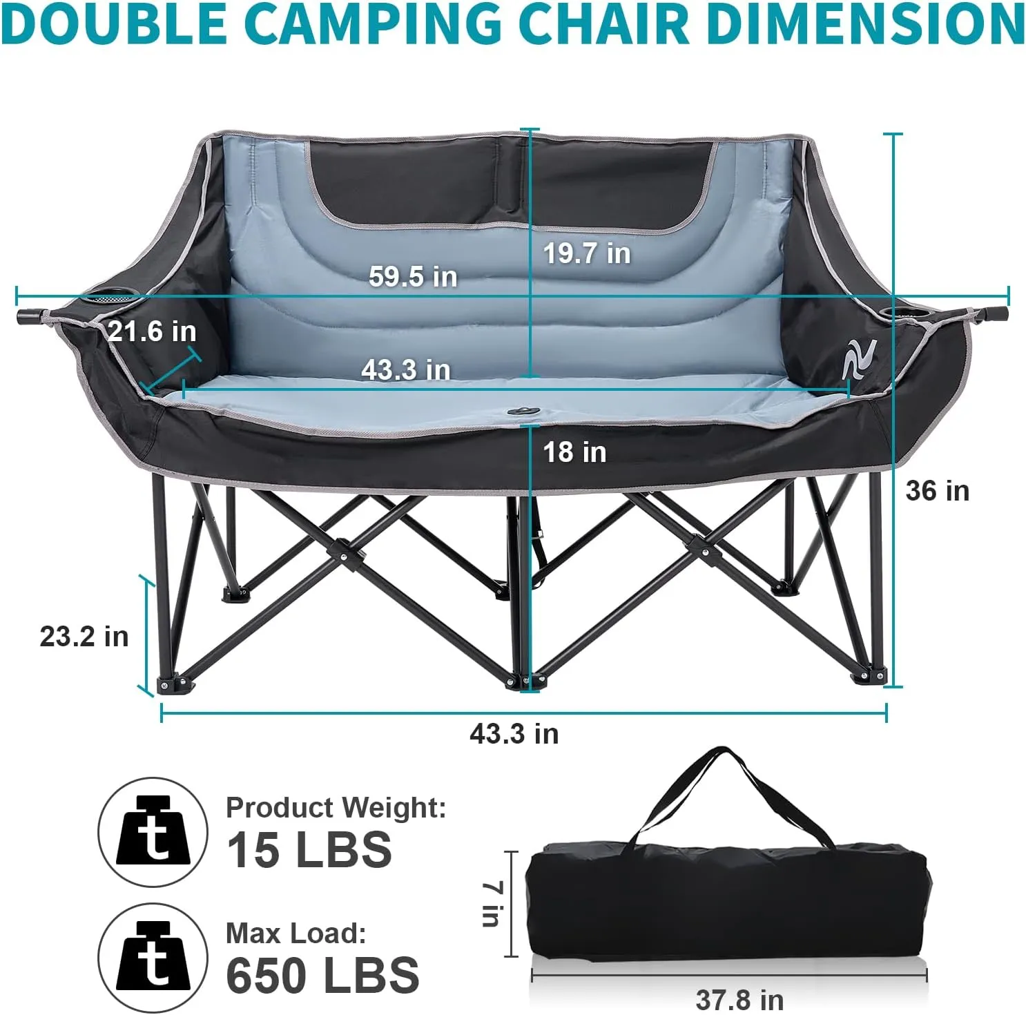 Begonia.K Double Camping Chair for 2 Person - Oversized Padded Folding Loveseat - Portable Camping Couch Heavy Duty Lawn Chairs for Outdoor Beach - Support 500/650LBS