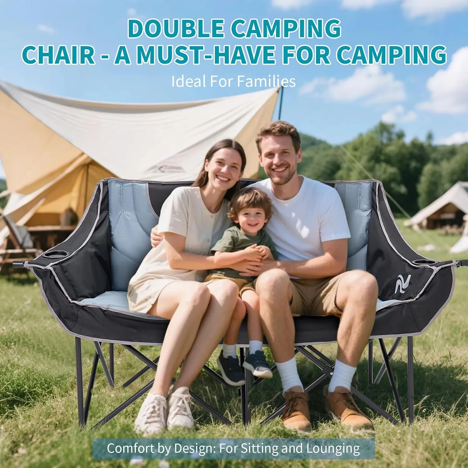 Begonia.K Double Camping Chair for 2 Person - Oversized Padded Folding Loveseat - Portable Camping Couch Heavy Duty Lawn Chairs for Outdoor Beach - Support 500/650LBS