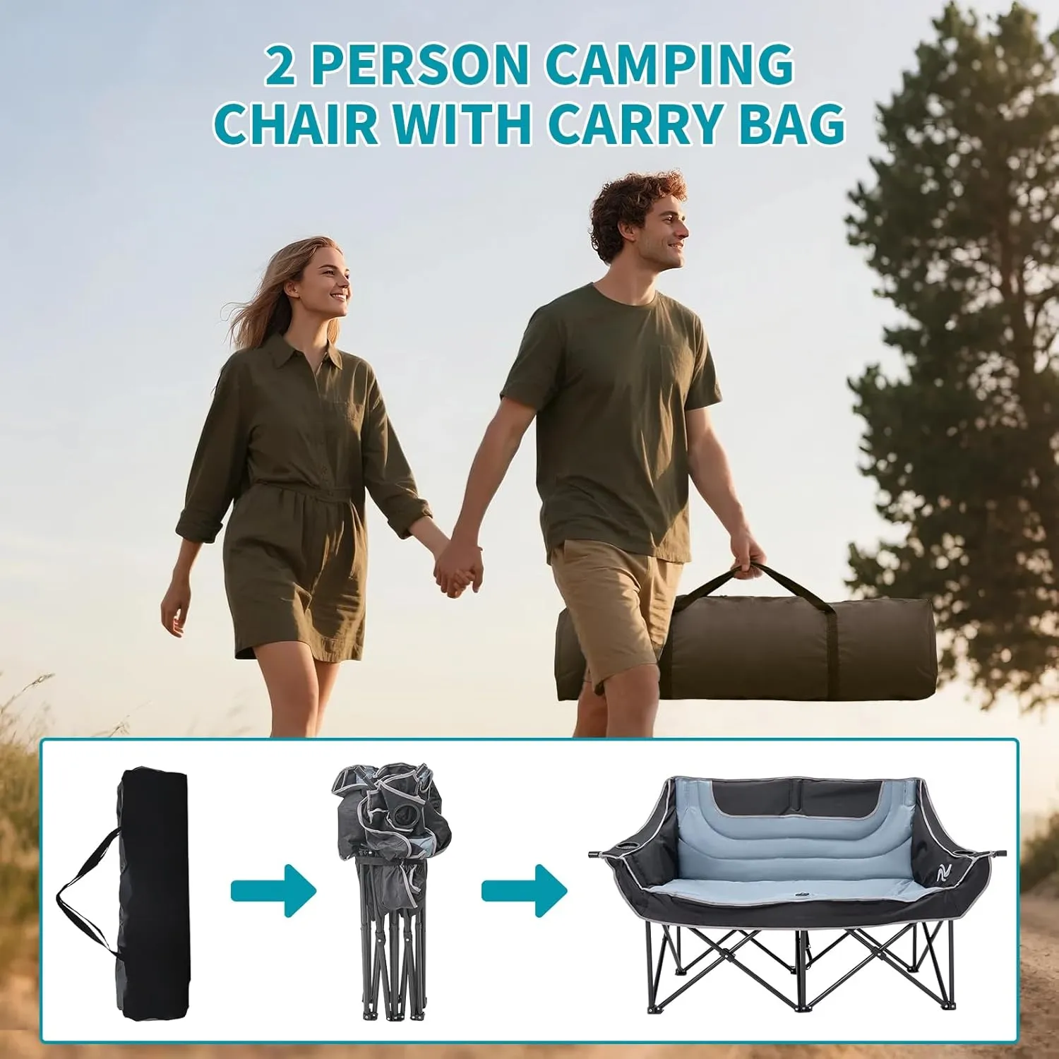 Begonia.K Double Camping Chair for 2 Person - Oversized Padded Folding Loveseat - Portable Camping Couch Heavy Duty Lawn Chairs for Outdoor Beach - Support 500/650LBS