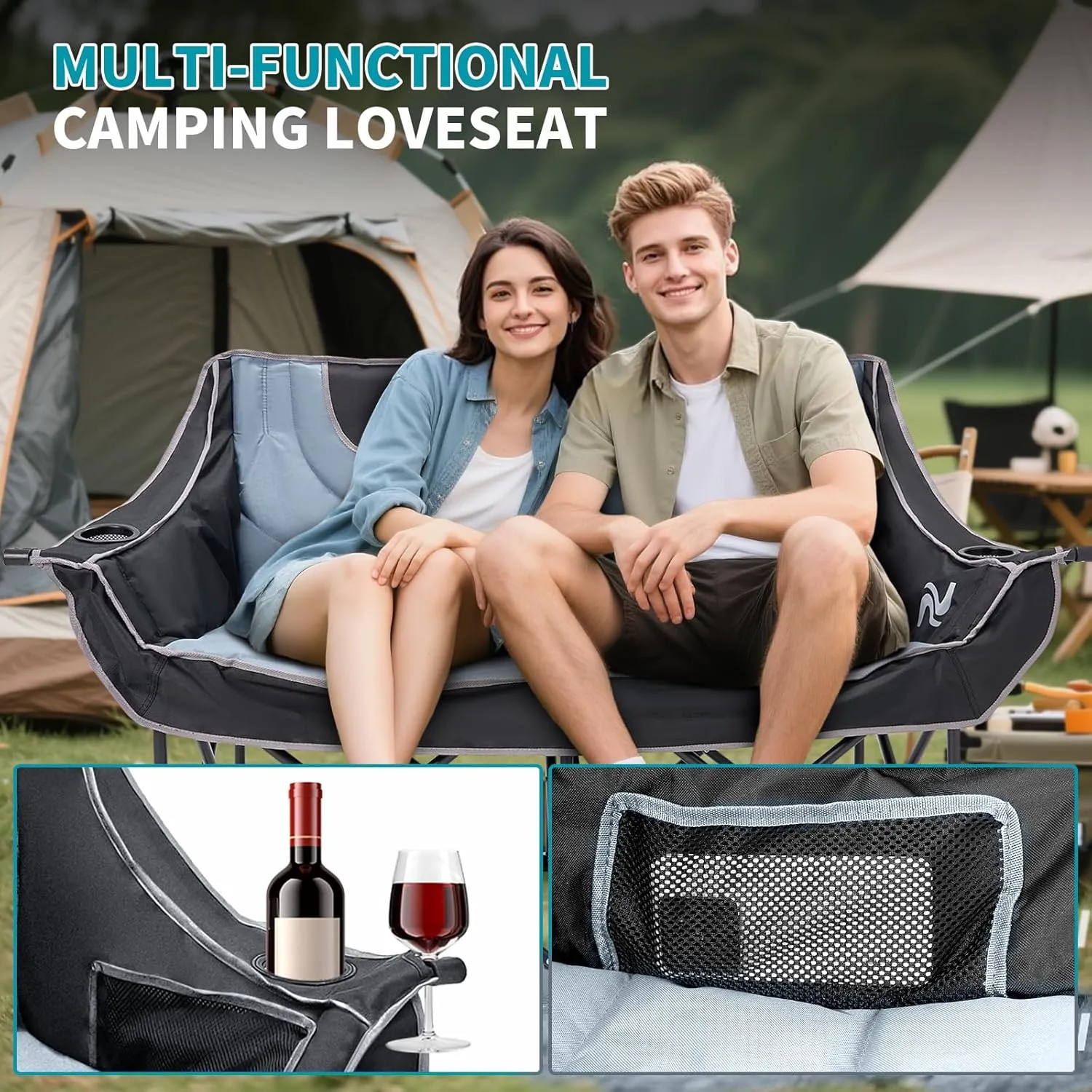 Begonia.K Double Camping Chair for 2 Person - Oversized Padded Folding Loveseat - Portable Camping Couch Heavy Duty Lawn Chairs for Outdoor Beach - Support 500/650LBS