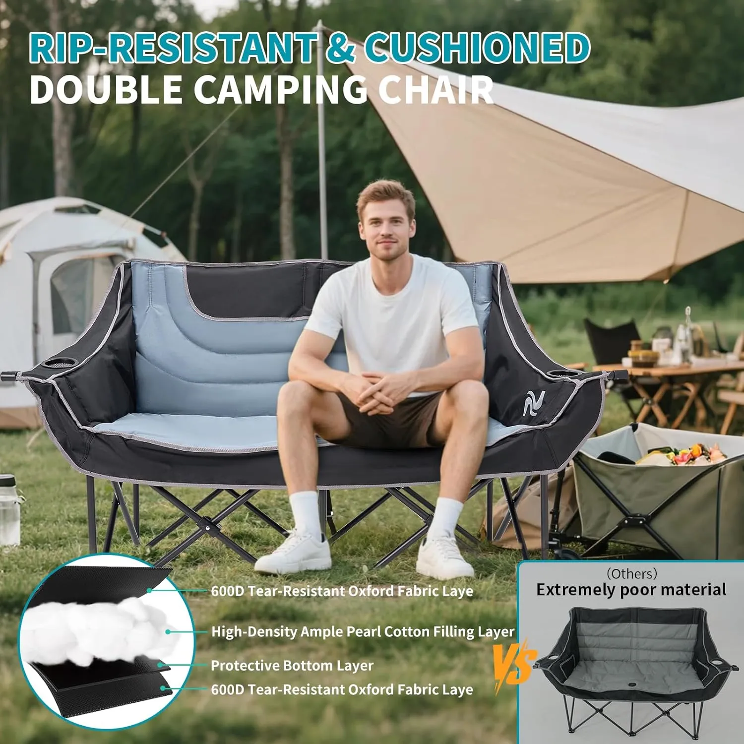 Begonia.K Double Camping Chair for 2 Person - Oversized Padded Folding Loveseat - Portable Camping Couch Heavy Duty Lawn Chairs for Outdoor Beach - Support 500/650LBS
