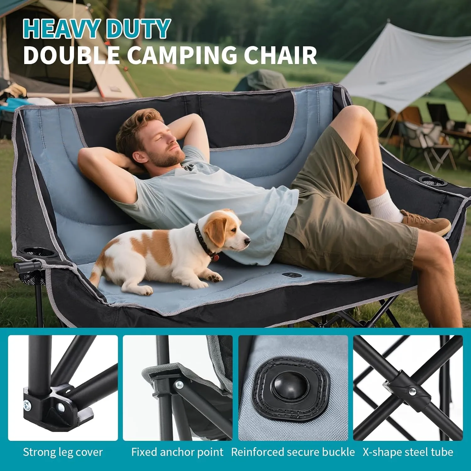 Begonia.K Double Camping Chair for 2 Person - Oversized Padded Folding Loveseat - Portable Camping Couch Heavy Duty Lawn Chairs for Outdoor Beach - Support 500/650LBS