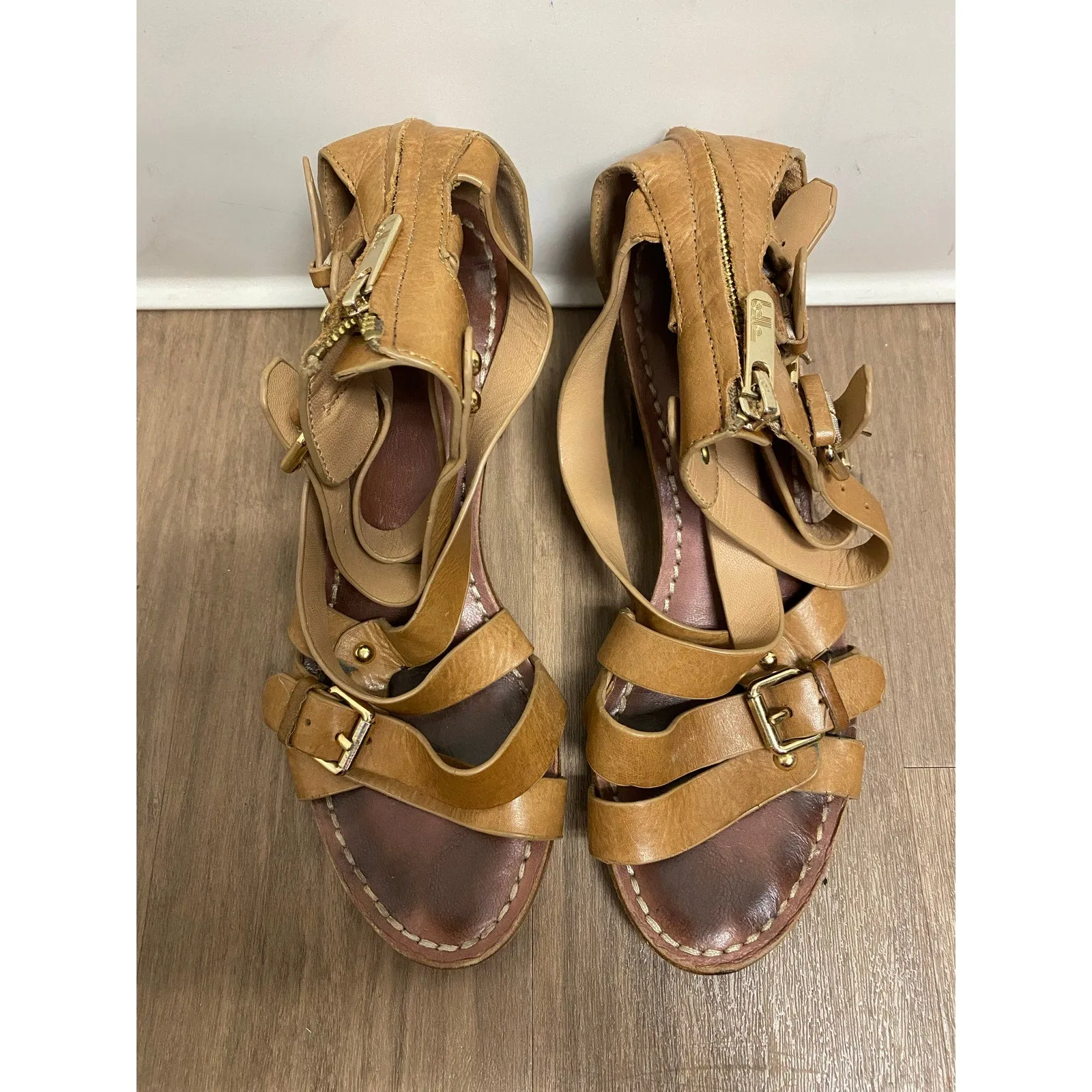 Belle Brown Leather Block Heeled Strappy Sandal Sz 8