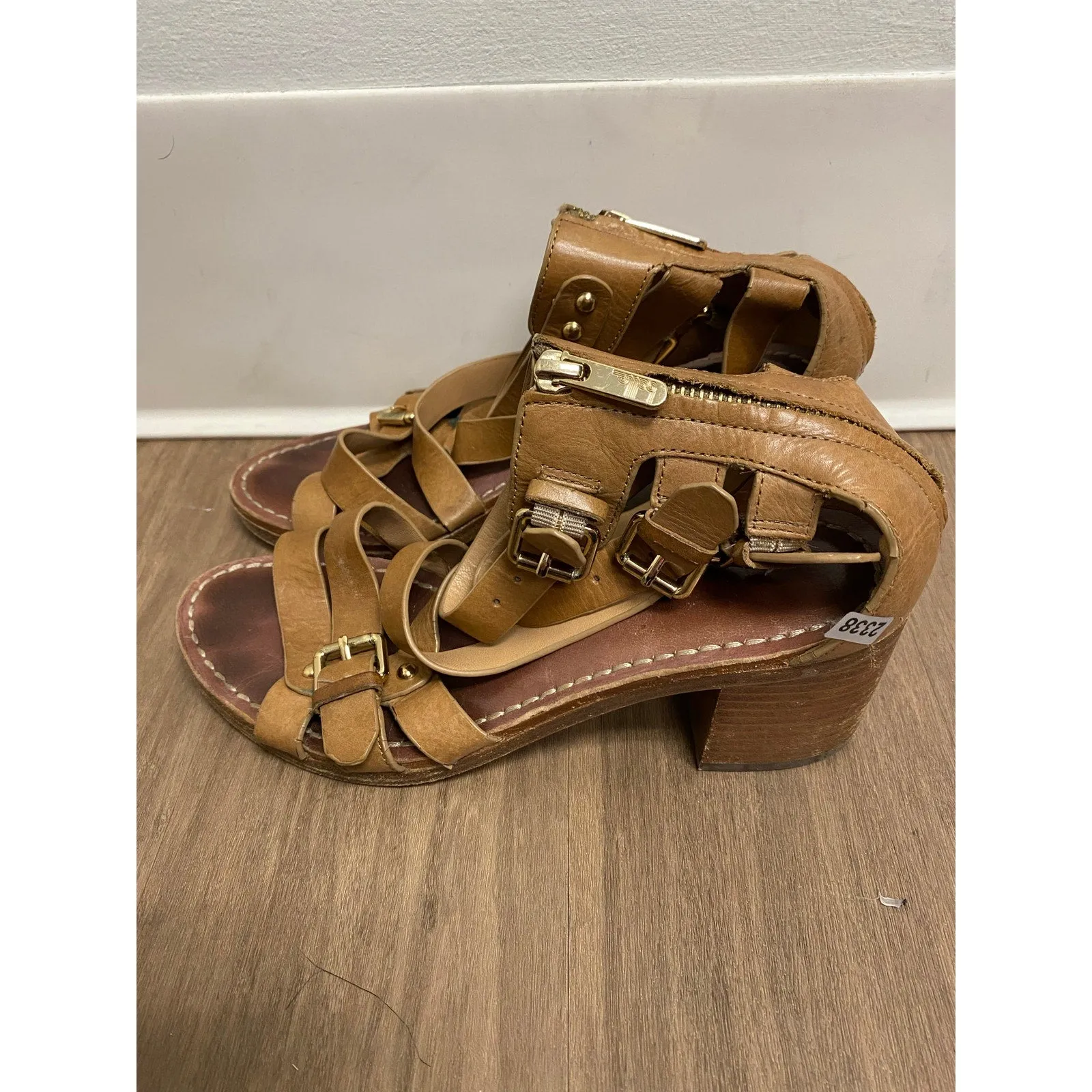 Belle Brown Leather Block Heeled Strappy Sandal Sz 8