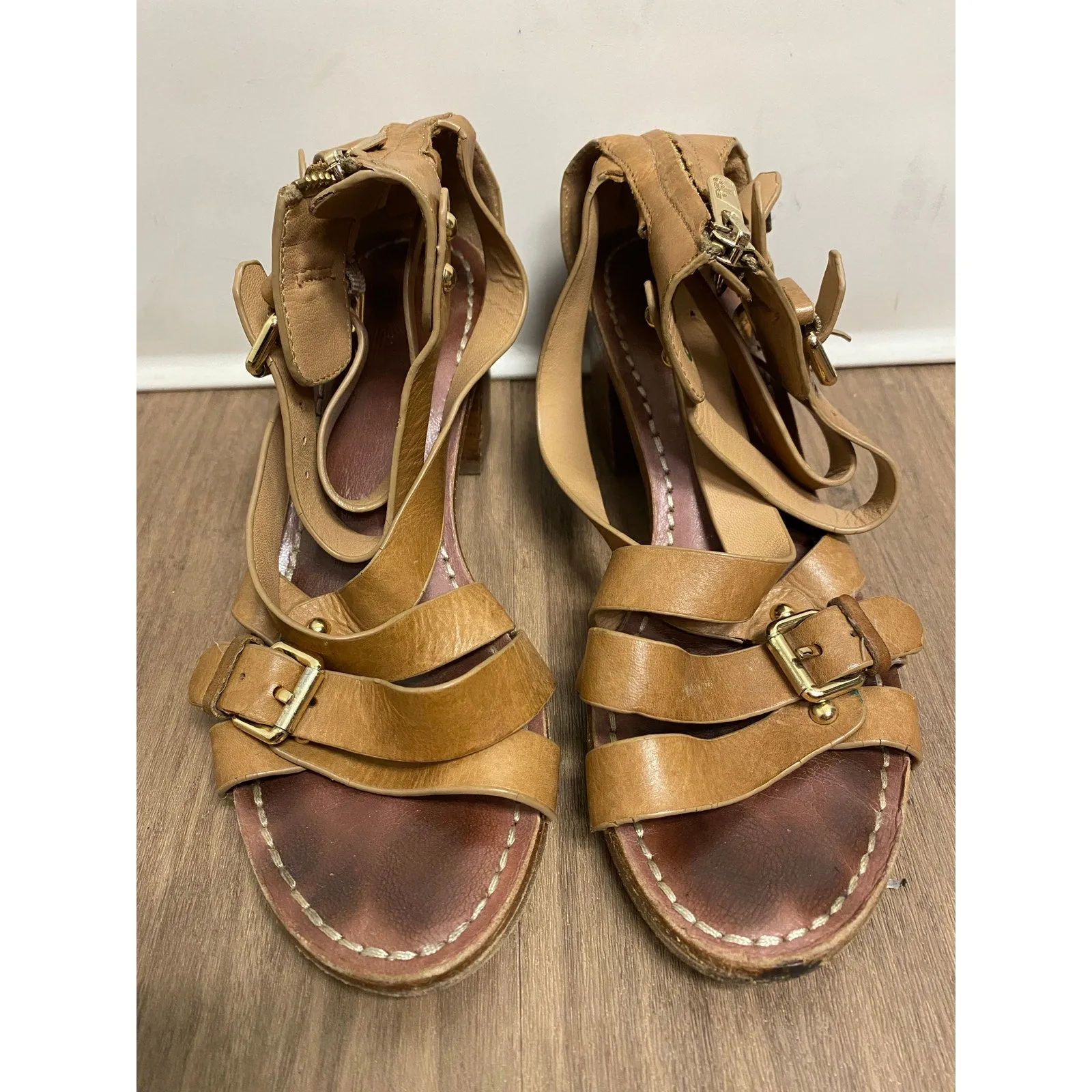 Belle Brown Leather Block Heeled Strappy Sandal Sz 8