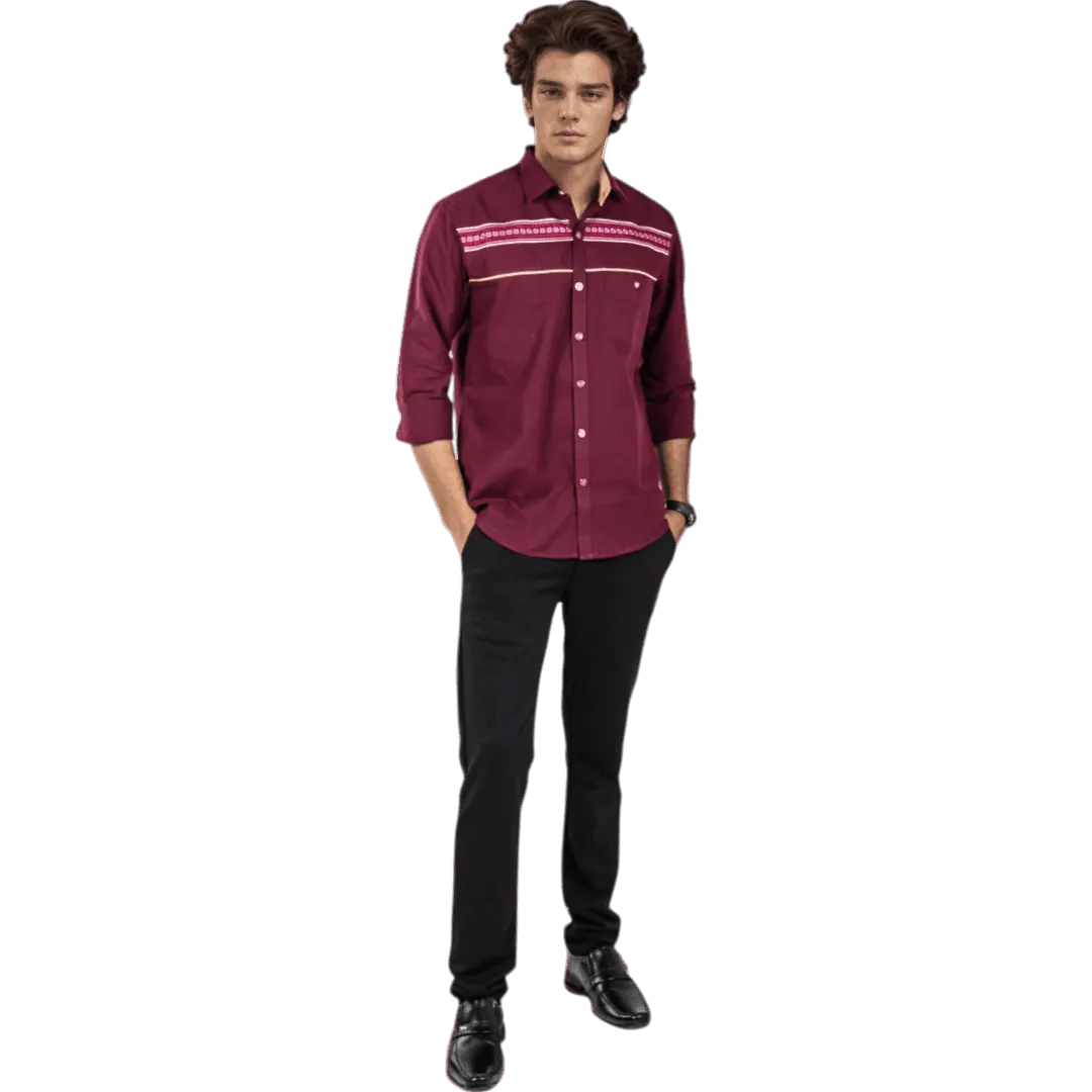 Botticelli Men Maroon Partywear Shirt - Chest Embroidery Formal Shirts (5271)