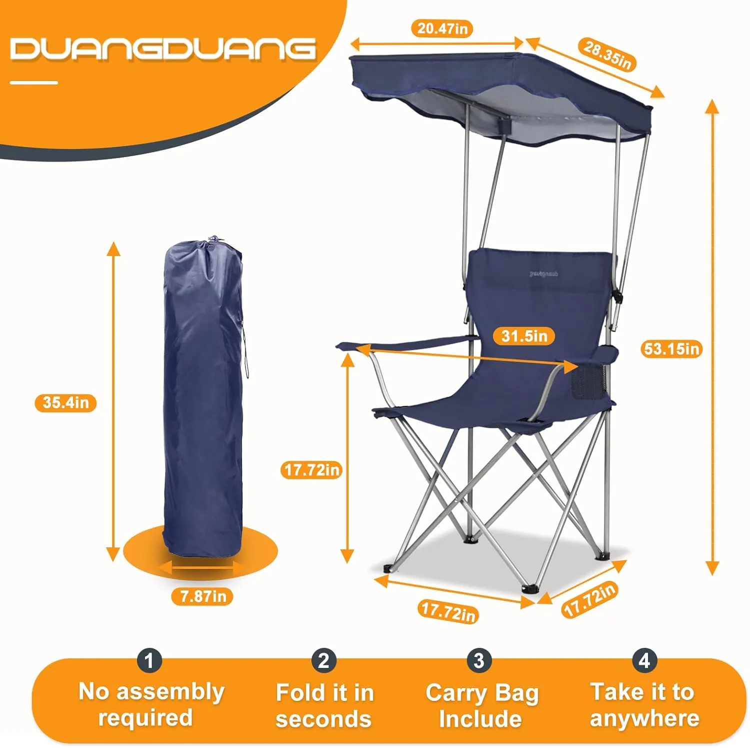 Camping Chair 2 Pack Portable Camping Chair with Canopy,Folding Chair with Canopy, Durable 600D Oxford Canopy Chair for Camping, Beach, Picnics, Fishing & Sports,NavyBlue