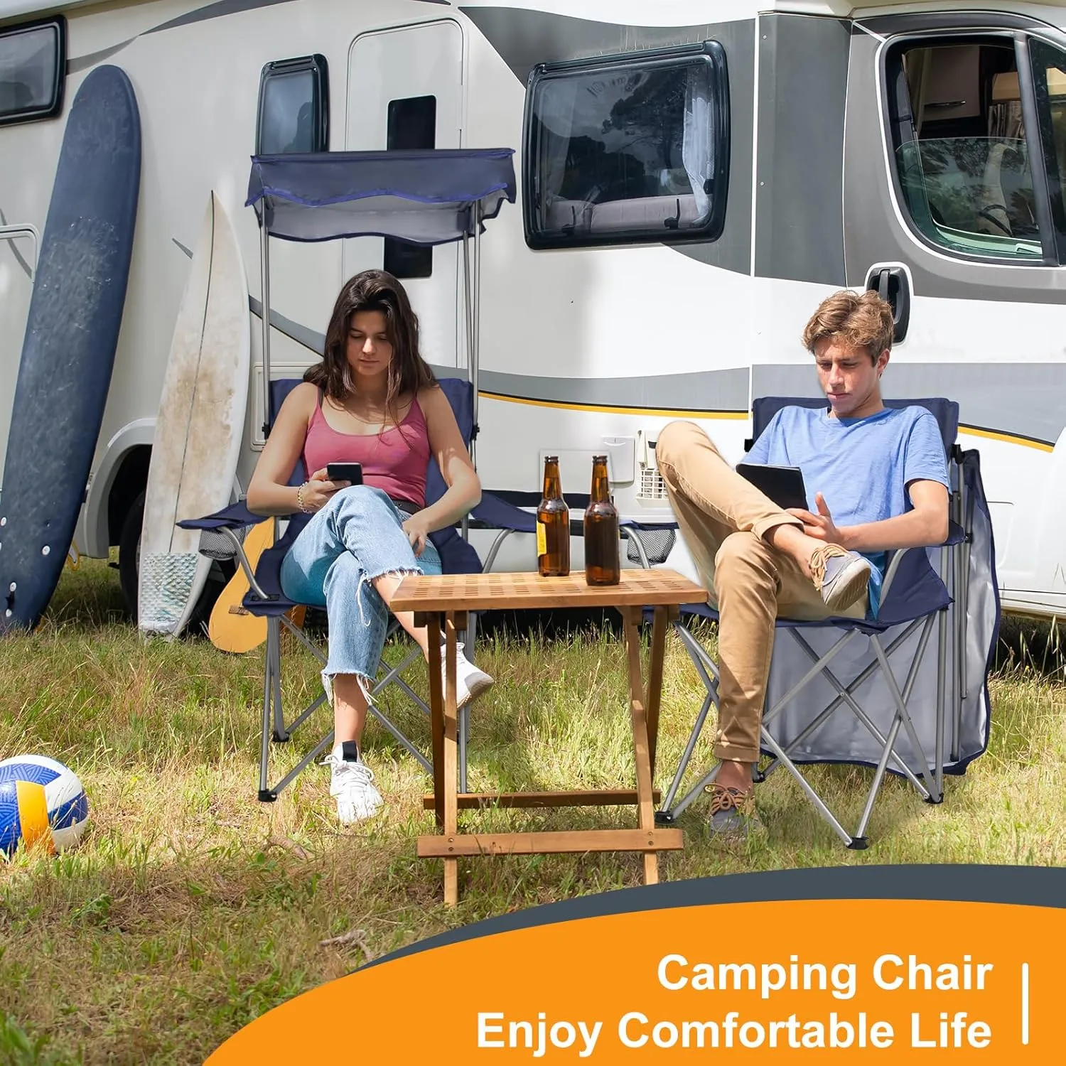 Camping Chair 2 Pack Portable Camping Chair with Canopy,Folding Chair with Canopy, Durable 600D Oxford Canopy Chair for Camping, Beach, Picnics, Fishing & Sports,NavyBlue