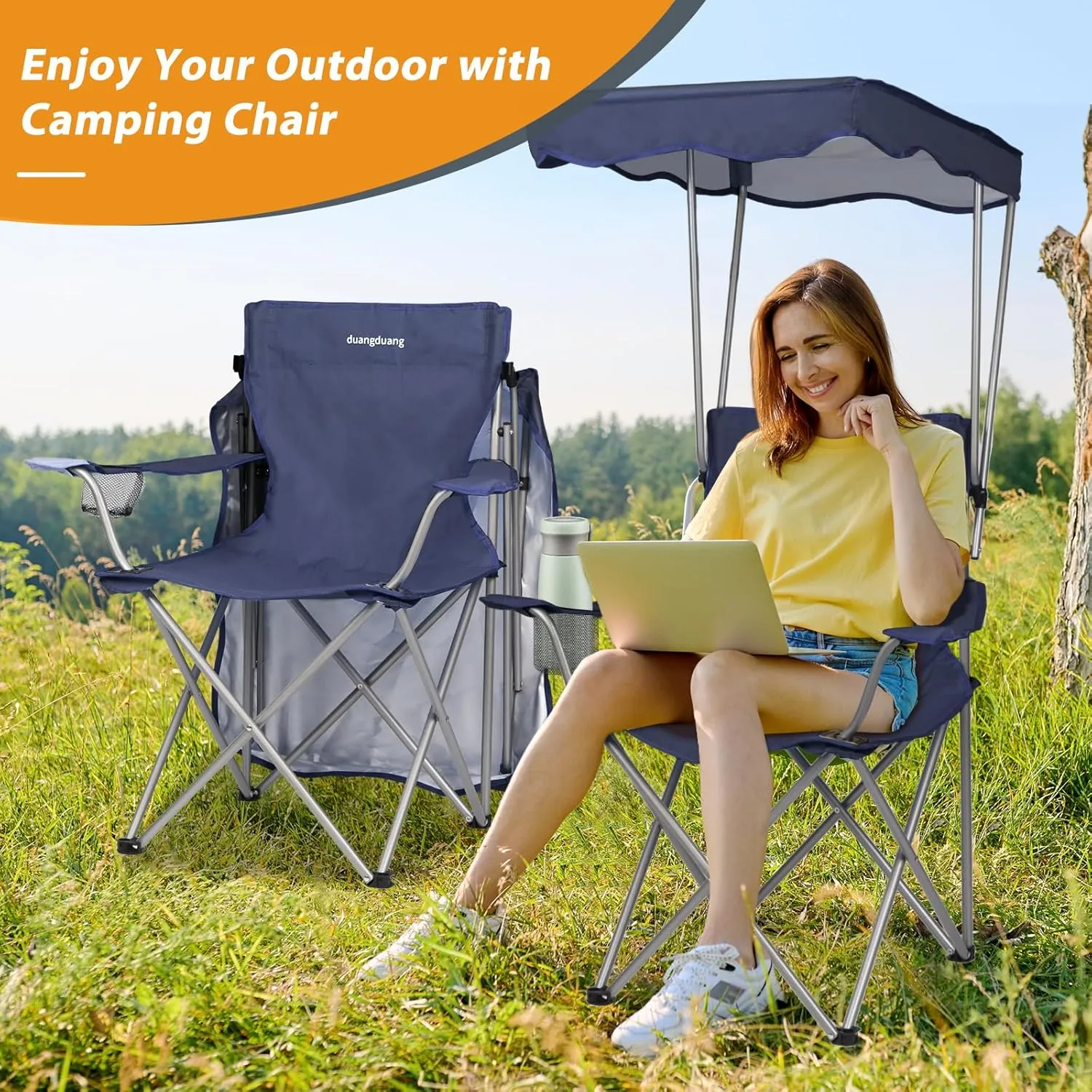 Camping Chair 2 Pack Portable Camping Chair with Canopy,Folding Chair with Canopy, Durable 600D Oxford Canopy Chair for Camping, Beach, Picnics, Fishing & Sports,NavyBlue