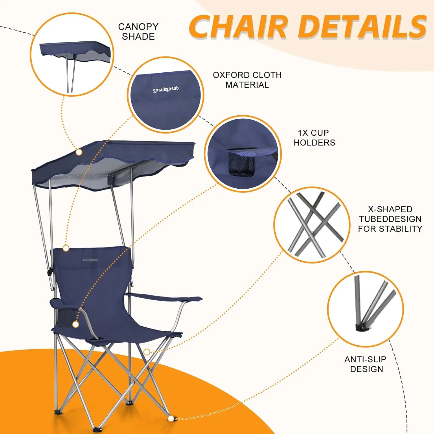 Camping Chair 2 Pack Portable Camping Chair with Canopy,Folding Chair with Canopy, Durable 600D Oxford Canopy Chair for Camping, Beach, Picnics, Fishing & Sports,NavyBlue