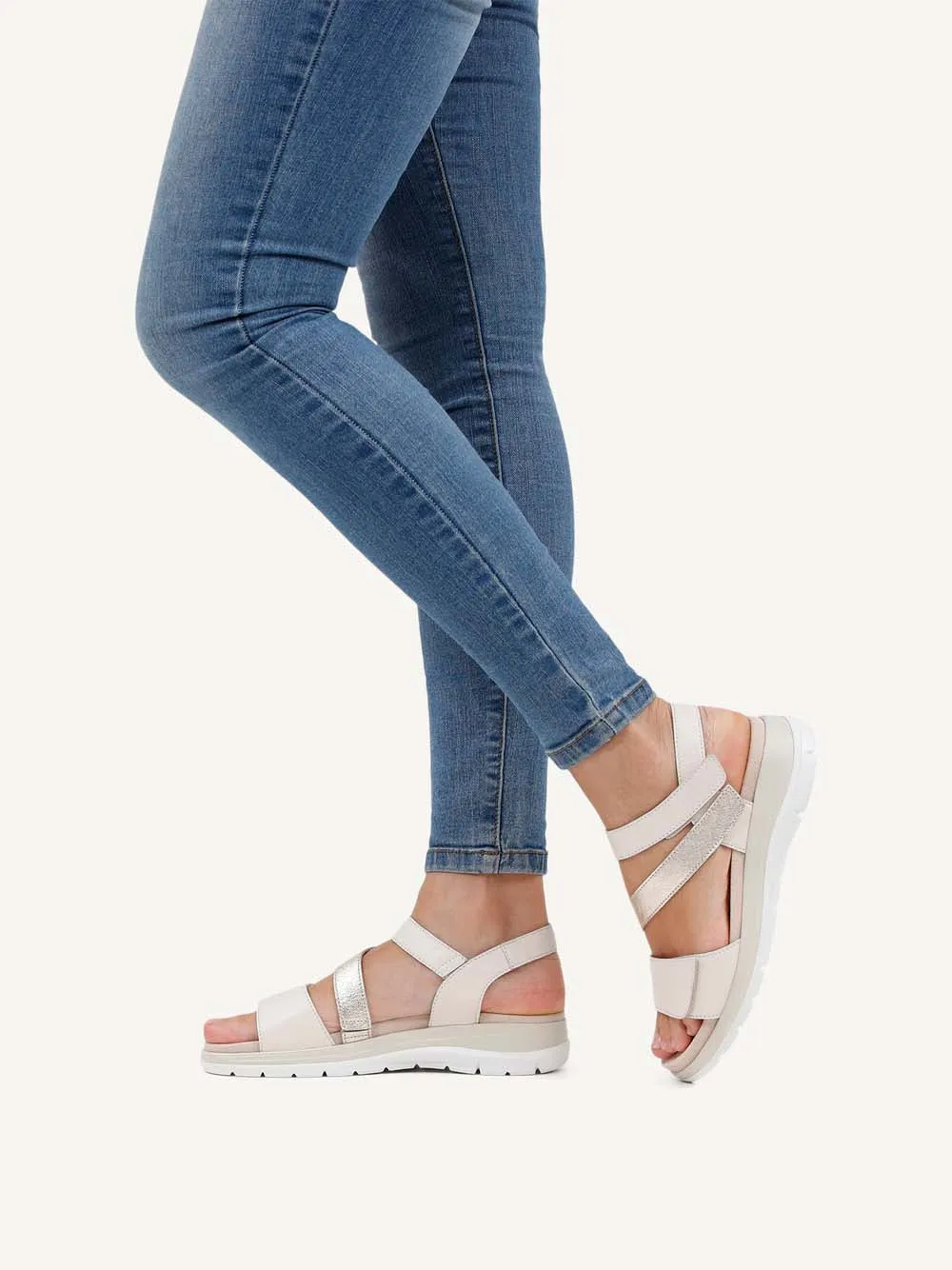 Caprice Low Heel Strappy Velcro Sandal Off White Comb