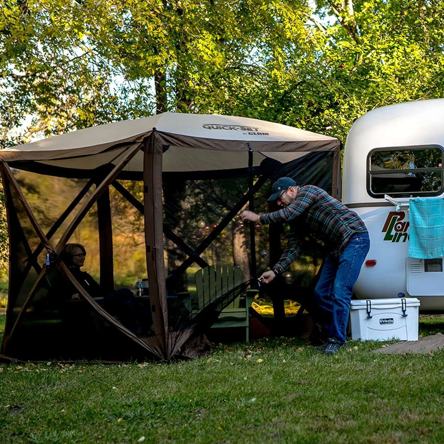 CLAM Pop Up Screen Tent, Outdoor Camping Gazebo Canopy, Venture, 9' x 9', Brown