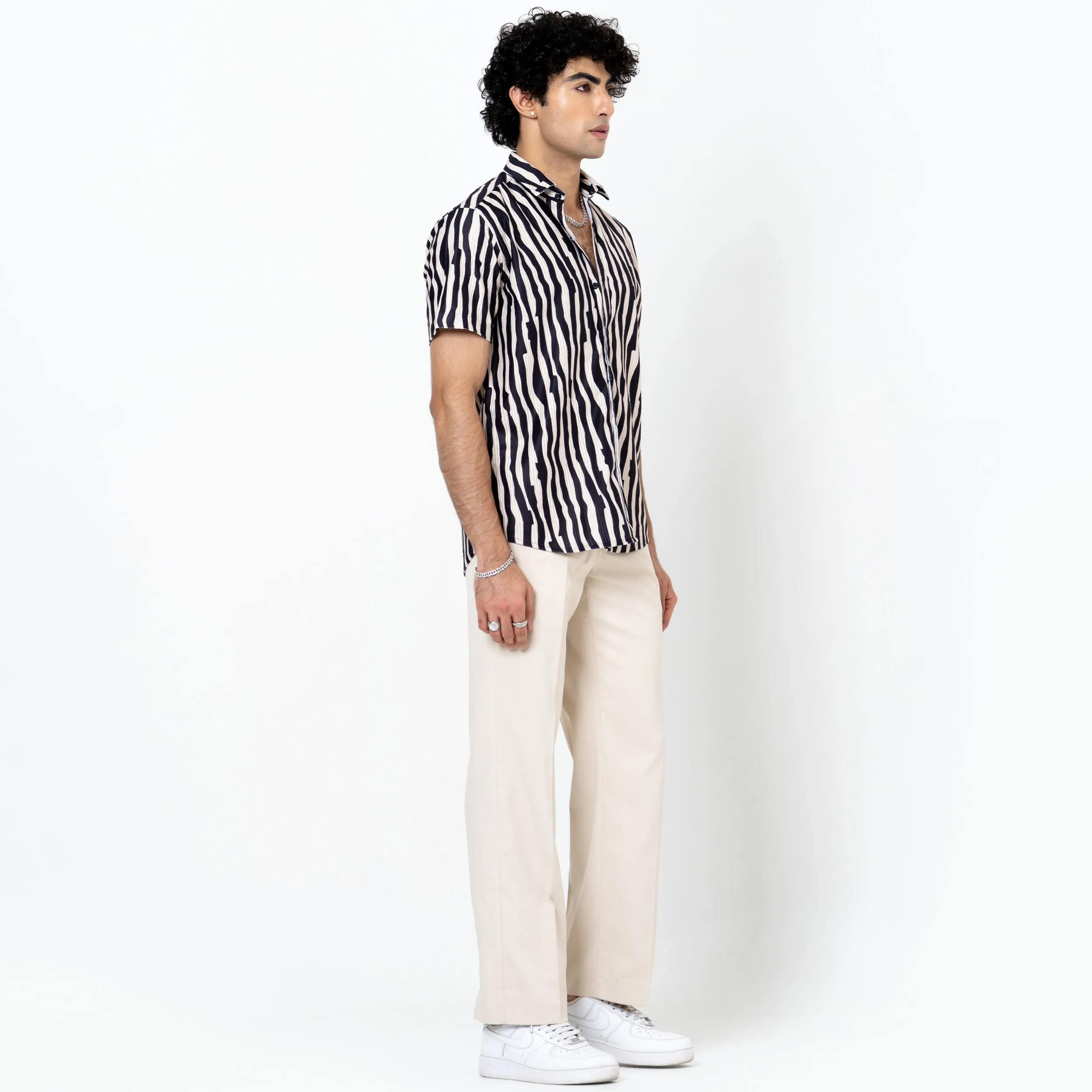 Cream Black Turkish Weave Half Sleeve Shirt