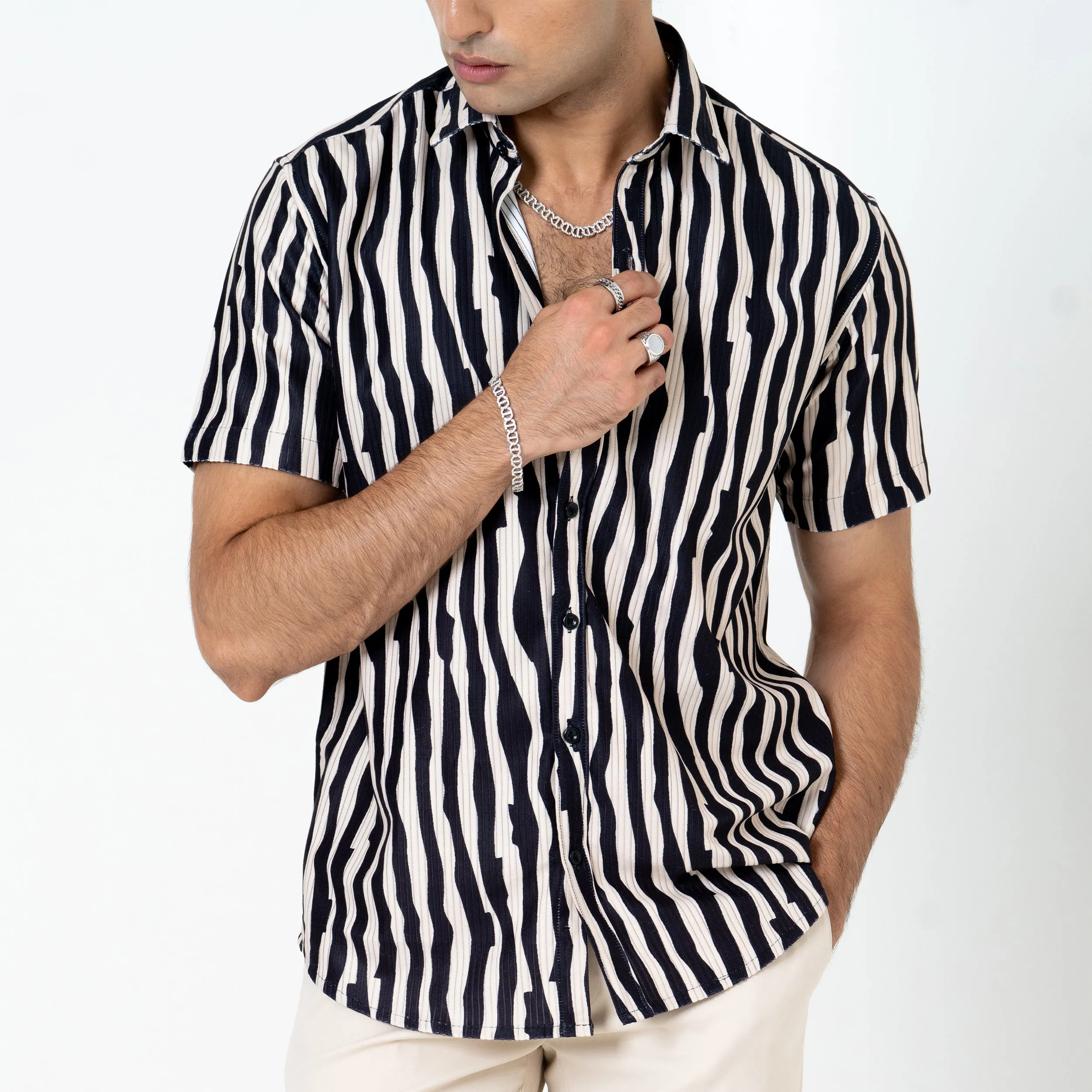 Cream Black Turkish Weave Half Sleeve Shirt