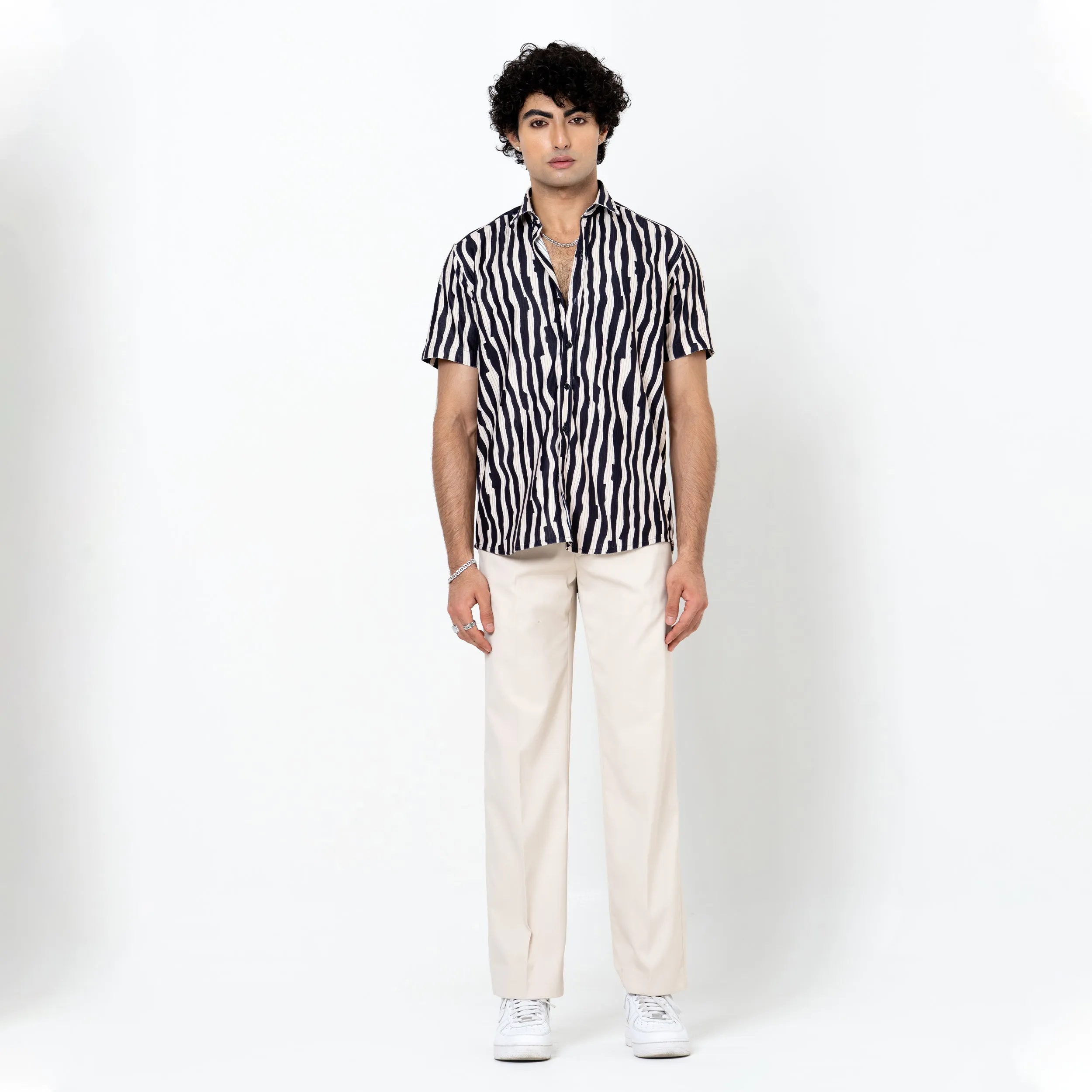 Cream Black Turkish Weave Half Sleeve Shirt