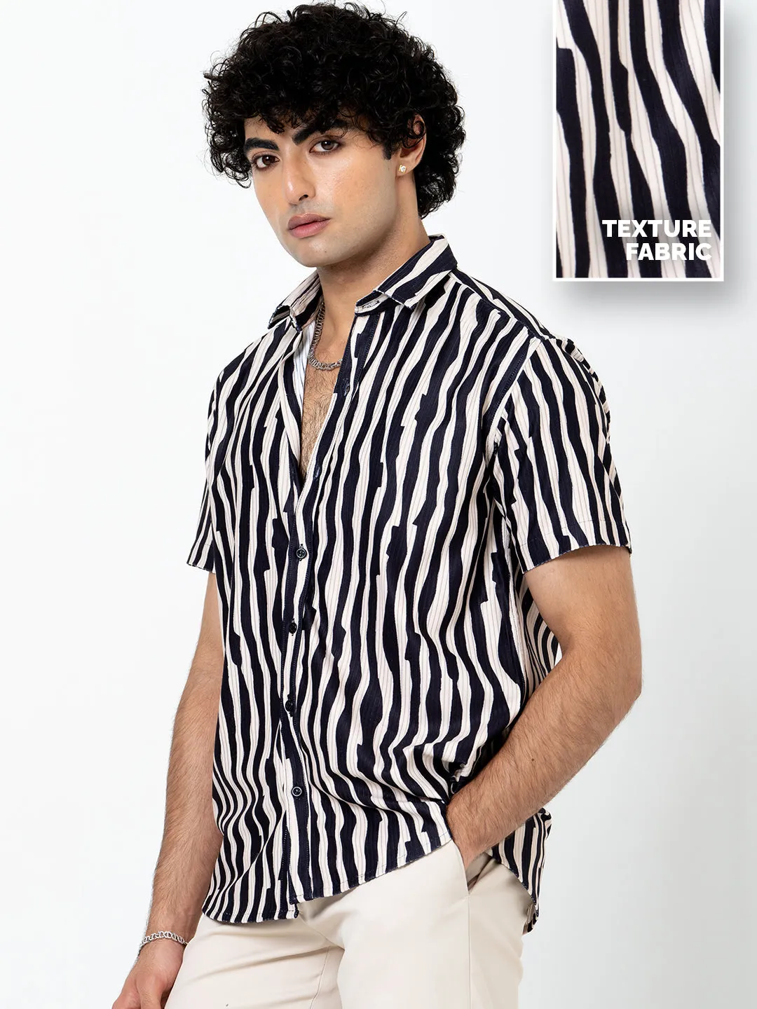 Cream Black Turkish Weave Half Sleeve Shirt