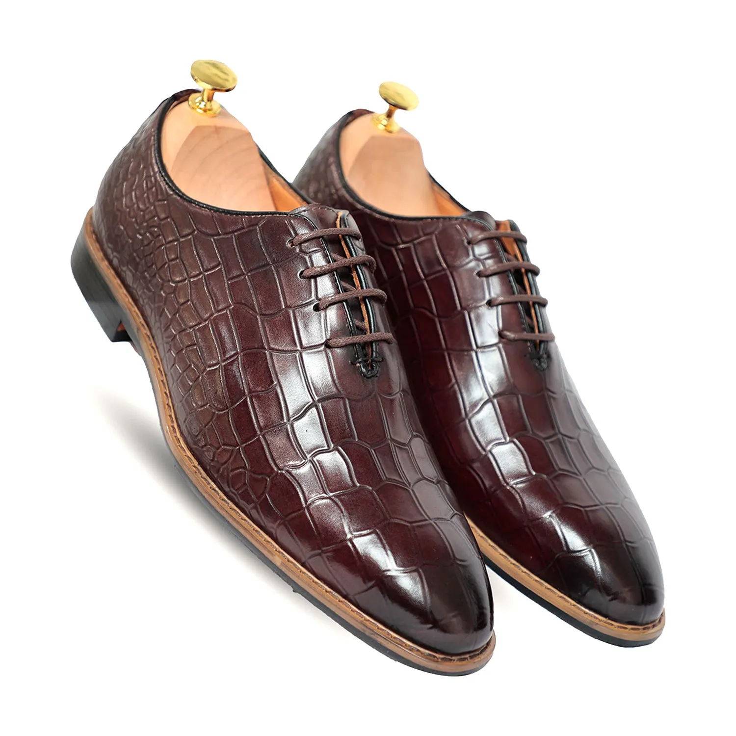 Croco Leather Solid Lace-Up Oxford Shoes