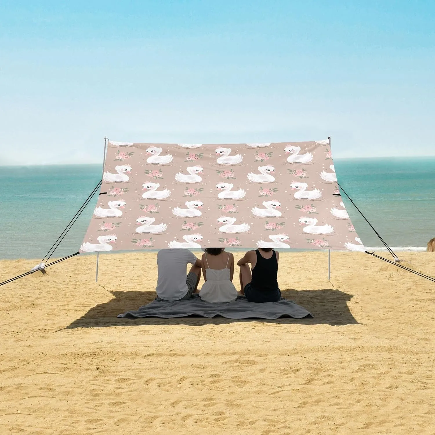 Cute Beige Swans Flowers Beach Camping Tent Sun Shelter for Whole Family, Beach Shade Canopy with UPF50  UV Protection,Easy Set Up and Carry,Outdoor Shade for Trips, Fishing, Backyard Fun Picni