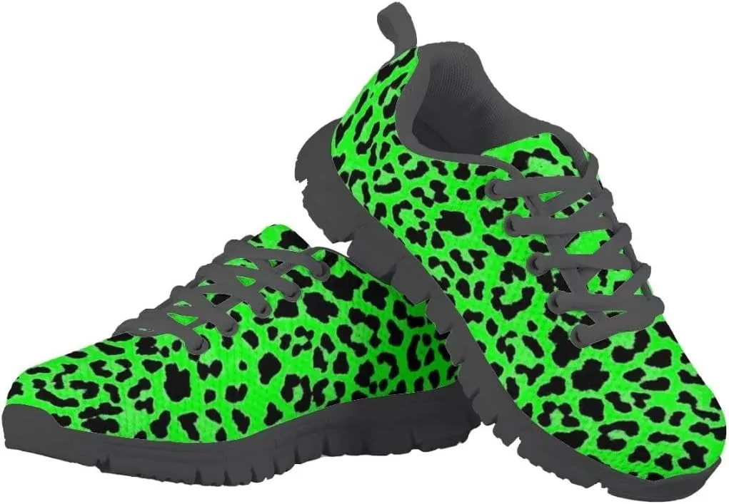 Dellukee Running Shoes for Girls Boys Black Bottom Kids Breathable Athletic Tennis Walking Leopard Sneakers