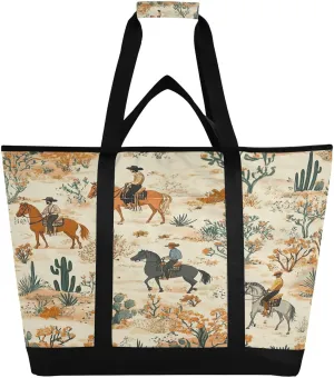Desert Horseback Riding Large Insulated Tote Bag,Foldable Reusable Grocery Bag Cooler Bag with Cooler Compartment for Grocery, Picnic, Beach, Hiking, Camping, and Outdoor Activities