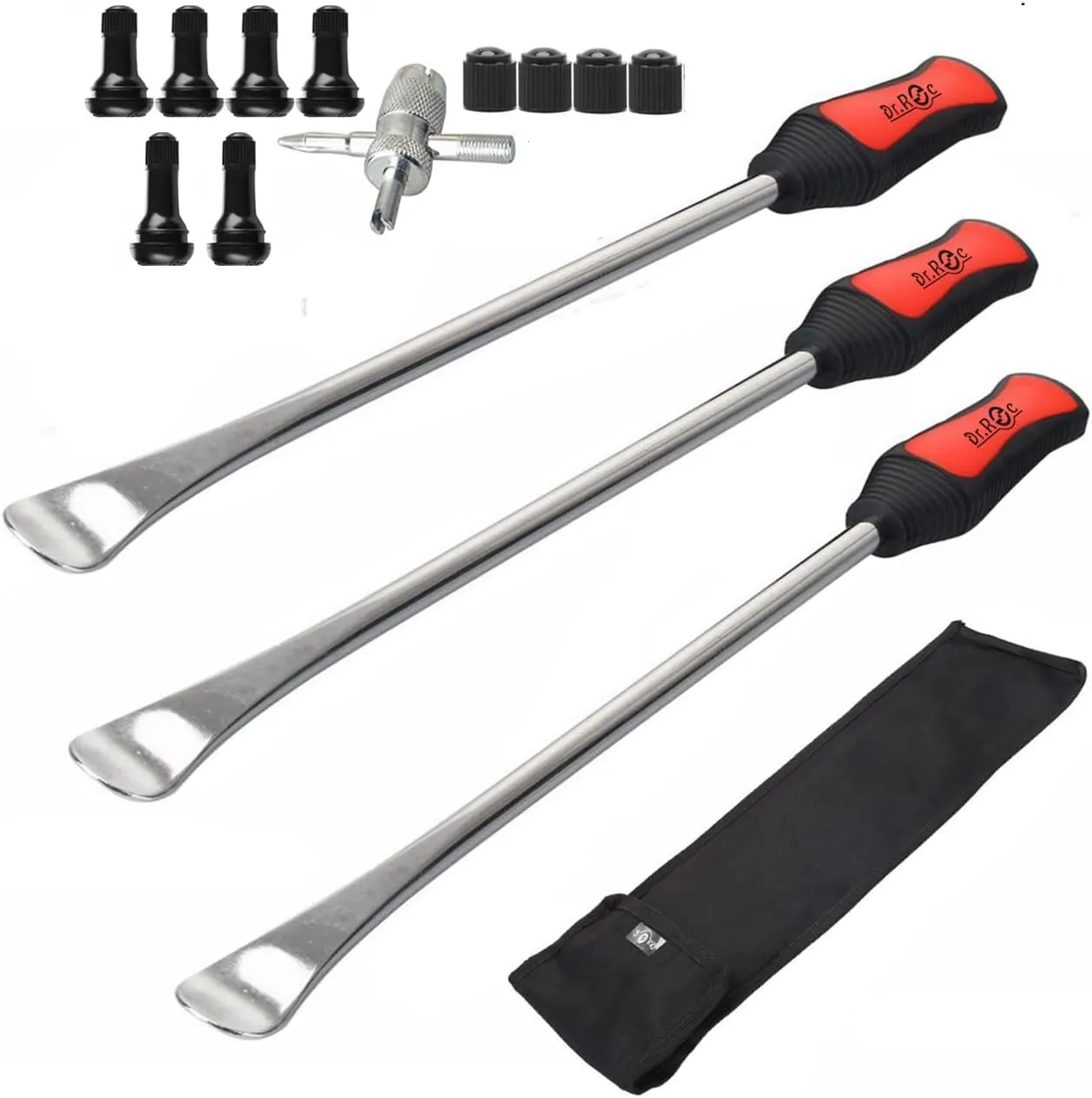 Dr.Roc 14.5 inch Perfect Leverage Tire Spoon Lever Iron Tool Kit Motorcycle Dirt Bike Lawn Mower Professional Tire Changing Tool with Stable Bag 3 PCS Tire Spoons with Tire Valve Stem TR412 TR413